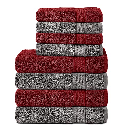 Komfortec 8er Handtuch Set aus 100% Baumwolle, 4 Badetücher 70x140 und 4 Handtücher 50x100 cm, Frottee, Weich, Towel Groß, Anthrazit Grau/Aurorarot von Komfortec