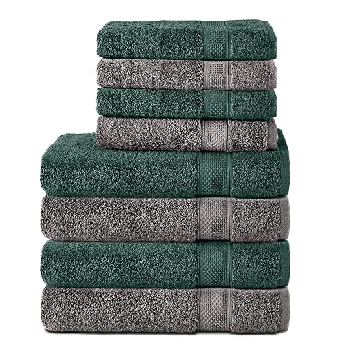 Komfortec 8er Handtuch Set aus 100% Baumwolle, 4 Badetücher 70x140 und 4 Handtücher 50x100 cm, Frottee, Weich,Groß, Anthrazit Grau/Dunkel grün von Komfortec