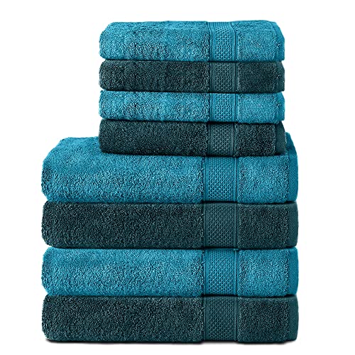 Komfortec 8er Handtuch Set aus 100% Baumwolle, 4 Badetücher 70x140 und 4 Handtücher 50x100 cm, Frottee, Weich,Groß, Türkis/Petrol von Komfortec