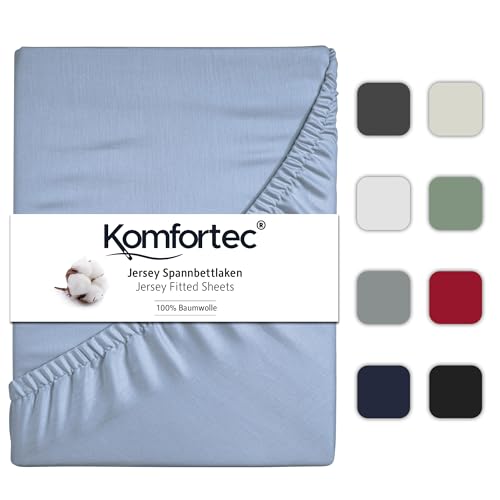 Komfortec Jersey Spannbettlaken 140x200 cm, 100% Baumwolle, Hellblau von Komfortec