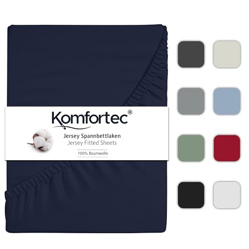 Komfortec Jersey Spannbettlaken 140x200 cm, 100% Baumwolle, Blau von Komfortec