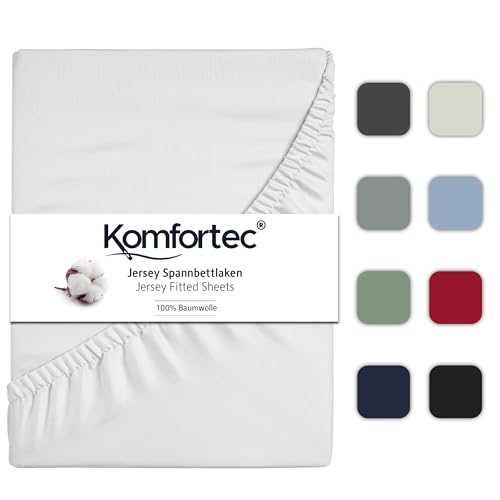 Komfortec Jersey Spannbettlaken 160x200 cm, 100% Baumwolle, Weiß von Komfortec