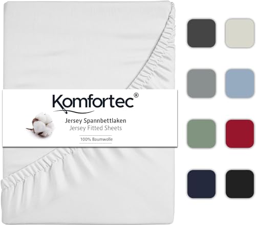 Komfortec Jersey Spannbettlaken 90x200 cm, 100% Baumwolle, Weiß von Komfortec