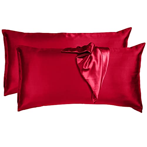 Komfortec Satin Kissenbezug 2er Set 40x80 cm für Haar und Haut, ähnlich wie Seide, Kopfkissenbezug, Superweiches Kissenhülle Set mit Reißverschluss, Rot von Komfortec