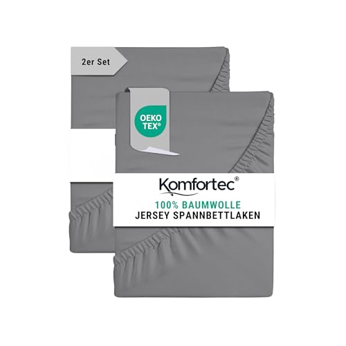 Komfortec Spannbettlaken Jersey 2er Set 100% Baumwolle – 160x200 cm – Weich, Atmungsaktiv & Hautfreundlich – Mit Rundumgummi – Oeko-Tex Zertifiziert – Für Boxspring, Topper & Matratzen – Grau von Komfortec
