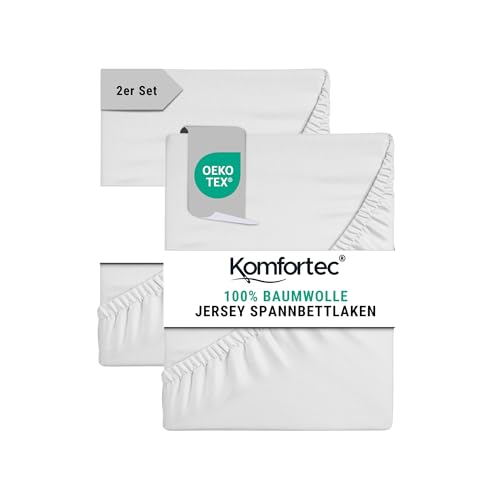 Komfortec Spannbettlaken Jersey 2er Set 100% Baumwolle – 90x200 cm – Weich, Atmungsaktiv & Hautfreundlich – Mit Rundumgummi – Oeko-Tex Zertifiziert – Für Boxspring, Topper & Matratzen – Weiß von Komfortec