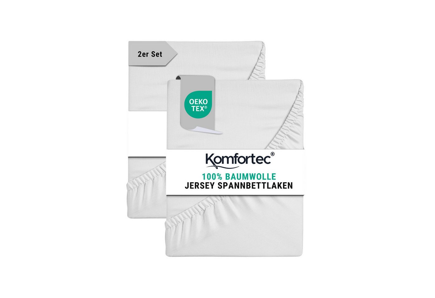 Komfortec Spannbettlaken Jersey Spannbettuch, 90x200, 140x200, 160x200, 180x200 oder 200x200 cm, 100% Baumwolle (135 g/m), Gummizug: Rundum, (2 Stück), OEKO-TEX® Standard 100 Zertifisiert, für Matratzen bis 25 cm Höhe von Komfortec