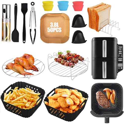 Komicea Heißluftfritteuse Zubehör für Ninja Double Stack XL SL300EU 7.6L, Silikonform Airfryer Zubehör Komplettset–Inkl. Edelstahlgrill, Backpapier, Zange & Silikonhandschuhe, Öl Sprayer Flasche etc von Komicea