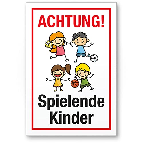 Komma Security Achtung Spielende Kinder Schild 20 x 30 cm Hinweisschild Warnzeichen Warnschild langsam fahren Warnung Hinweis Spielstraße Spielplatz - Vorsicht spielende Kinder von Komma Security