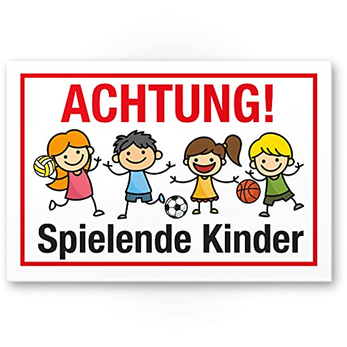 Komma Security Achtung Spielende Kinder Schild 30 x 20 cm Hinweisschild Warnzeichen Warnschild langsam fahren Warnung Hinweis Spielstraße Spielplatz - Vorsicht spielende Kinder von Komma Security