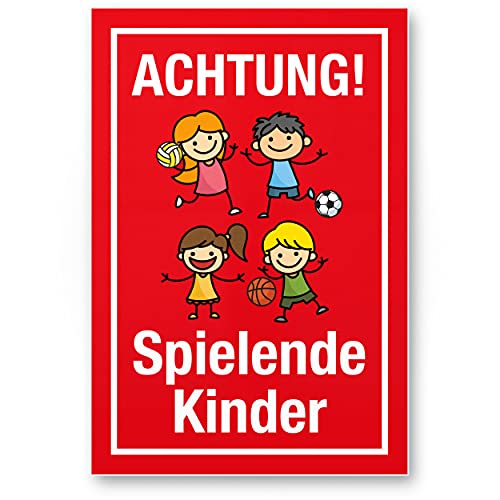 Komma Security Achtung Spielende Kinder Schild 20 x 30 cm Hinweisschild Warnzeichen Warnschild langsam fahren Warnung Hinweis Spielstraße Spielplatz - Vorsicht spielende Kinder von Komma Security