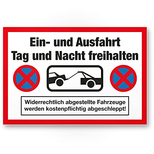 Komma Security Ein- und Ausfahrt Tag- und Nacht Freihalten Schild 30 x 20 cm Warnhinweis - abschleppen Hinweisschild Einfahrt - auch gegenüber Parken verboten - Parkverbot Halteverbot von Komma Security