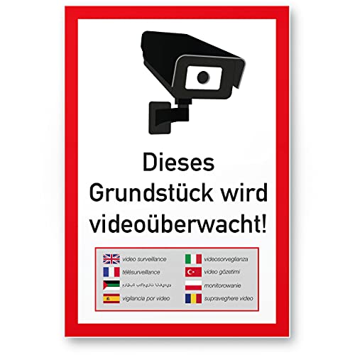 Komma Security Grundstück Videoüberwacht mehrsprachig Schild 20 x 30 cm - Achtung Vorsicht Videoüberwachung - Hinweis Hinweisschild Videoüberwacht - Warnschild Warnhinweis von Komma Security