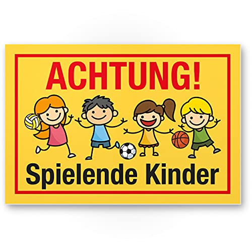 Komma Security Achtung Spielende Kinder Schild 30 x 20 cm Hinweisschild Warnzeichen Warnschild langsam fahren Warnung Hinweis Spielstraße Spielplatz - Vorsicht spielende Kinder von Komma Security