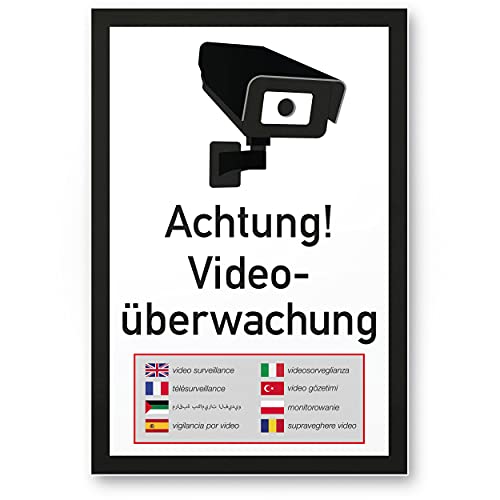 Komma Security Achtung Videoüberwachung mehrsprachig Schild 20 x 30 cm - Achtung Vorsicht Videoüberwachung - Hinweis Hinweisschild Videoüberwacht - Warnschild Warnhinweis Videoüberwachung von Komma Security