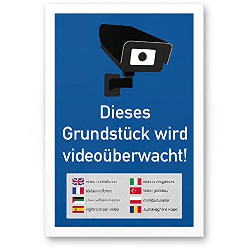 Komma Security Grundstück Videoüberwacht mehrsprachig Schild 20 x 30 cm - Achtung Vorsicht Videoüberwachung - Hinweis Hinweisschild Videoüberwacht - Warnschild Warnhinweis von Komma Security