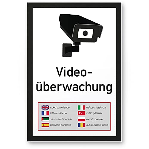 Komma Security Videoüberwachung Schild mehrsprachig 20 x 30 cm - Achtung Vorsicht Videoüberwachung - Hinweis Hinweisschild Videoüberwacht - Warnschild Warnhinweis Videoüberwachung von Komma Security