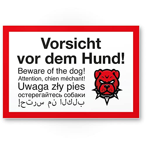 Komma Security Vorsicht Hund mehrsprachig Angry Style 6 Sprachen - Hunde Schild Hinweisschild Grundstück - Türschild Haustüre Warnschild Einbruchschutz - Achtung Hund von Komma Security