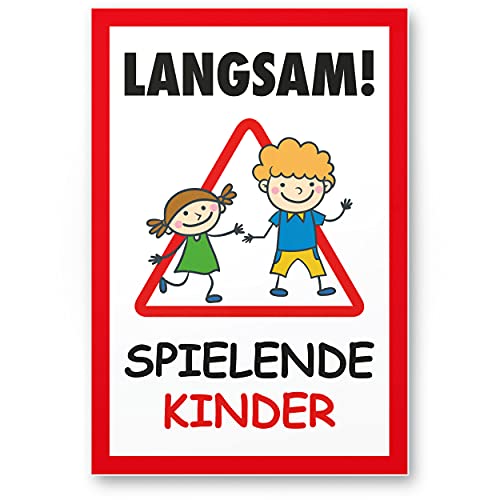 Komma Security Langsam Spielende Kinder 20 x 30 cm Hinweisschild Warnzeichen Warnschild langsam fahren Warnung Hinweis Spielstraße Spielplatz - Vorsicht spielende Kinder von Komma Security