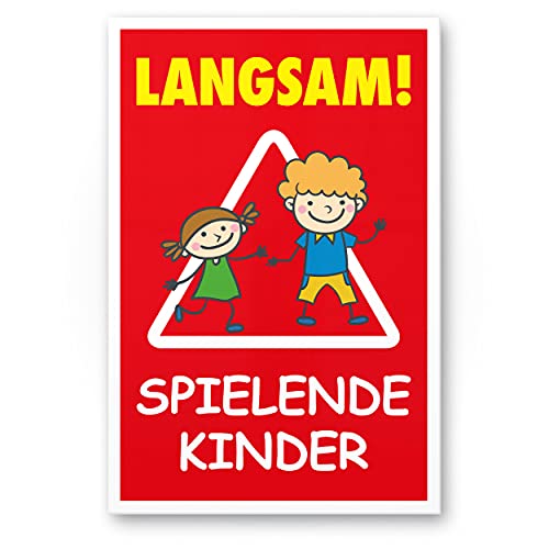 Komma Security Langsam Spielende Kinder 20 x 30 cm Hinweisschild Warnzeichen Warnschild langsam fahren Warnung Hinweis Spielstraße Spielplatz - Vorsicht spielende Kinder von Komma Security