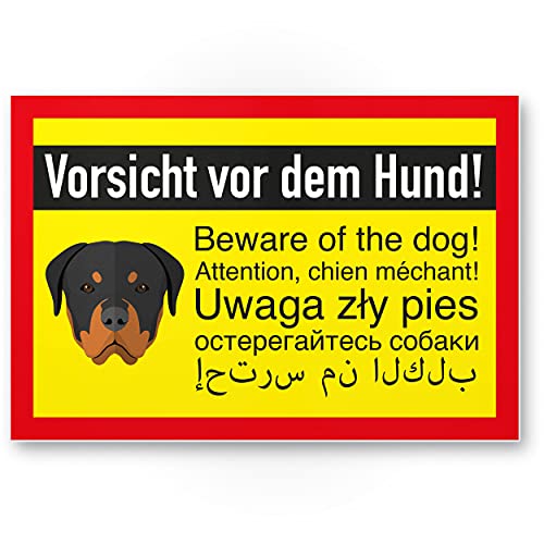 Komma Security Rottweiler Schild - Vorsicht vor dem Hund - Hunde Schild Hinweisschild Grundstück mehrsprachig - Warnschild Abschreckung Einbruchschutz - Achtung Rottweiler Hund von Komma Security
