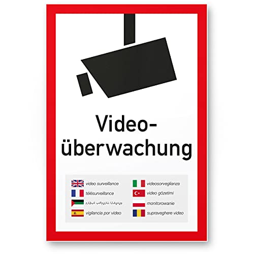 Komma Security Videoüberwachung Schild mehrsprachig 20 x 30 cm - Achtung Vorsicht Videoüberwachung - Hinweis Hinweisschild Videoüberwacht - Warnschild Warnhinweis Videoüberwachung von Komma Security