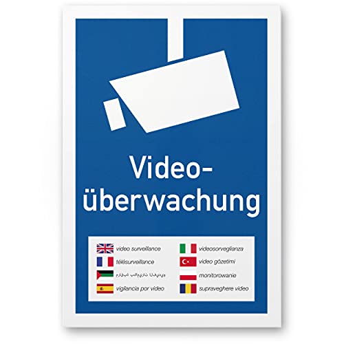 Komma Security Videoüberwachung Schild mehrsprachig 20 x 30 cm - Achtung Vorsicht Videoüberwachung - Hinweis Hinweisschild Videoüberwacht - Warnschild Warnhinweis Videoüberwachung von Komma Security