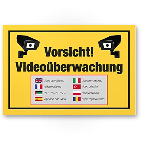 Komma Security Vorsicht Videoüberwachung Schild 30 x 20 cm - Achtung Vorsicht Videoüberwachung - Hinweis Hinweisschild Videoüberwacht - Hinweis Mehrsprachig Sprachen von Komma Security