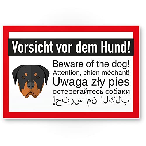 Komma Security Vorsicht vor dem Hund - Rottweiler Hunde Schild Hinweisschild mehrsprachig - Türschild Haustüre Warnschild Abschreckung Einbruchschutz - Achtung Hund von Komma Security