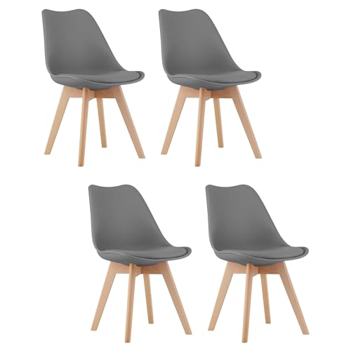 DOZZA Stuhl grau Öko-Leder gepolstert Holz Beine Abmessungen 49x82x43 cm für Wohnzimmer, Esszimmer, Arbeitszimmer 4 Stück von Komodee