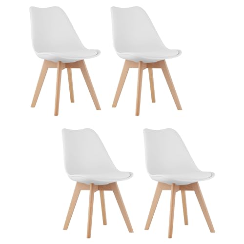 DOZZA Stuhl weiß gepolstert in Öko-Leder, Holzbeine, Maße 49x82x43 cm, 4er Set, für Wohnzimmer, Büro, Esszimmer von Komodee