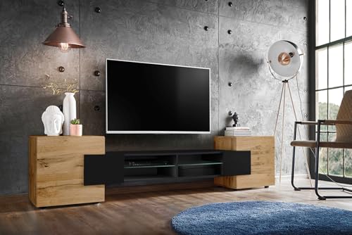 Komodee, Merano Bank TV Schrank, Wotan Schwarz Wotan, ohne LED, Breite 230 cm x Höhe 52,5 cm x Tiefe 35 cm, für Wohnzimmer, Schlafzimmer von Komodee