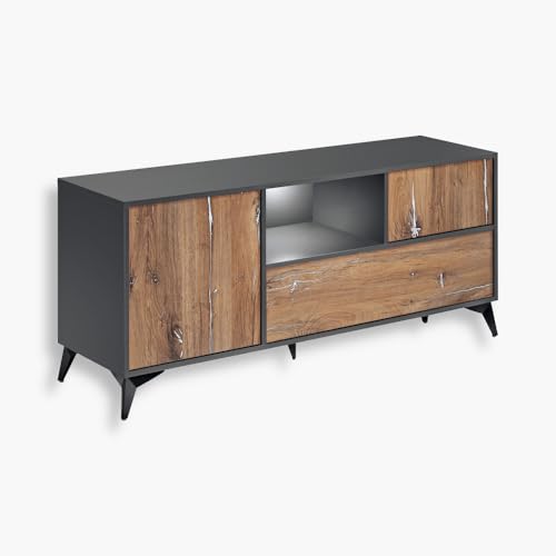 Komodee, Orvieto Sideboard TV, 3 Türen, 4 Schließfächer, Eiche, Anthrazit, Weiß LED Beleuchtung, für Wohnzimmer, Schlafzimmer Komodee, Orvieto Sideboard TV, 3 Türen, 4 Schließfächer, Eiche, Anthrazit, Weiß LED Beleuchtung, für Wohnzimmer, Schlafzimmer von Komodee
