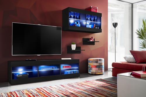 Komodee, Set, Möbel, Tivoli SET3, Schwarz/Schwarz, Breite 240cm x Höhe 159cm x Tiefe 35cm, LED Blau, für Wohnzimmer, Schlafzimmer Komodee, Set, Möbel, Tivoli SET3, Schwarz/Schwarz, Breite 240cm x Höhe 159cm x Tiefe 35cm, LED Blau, für Wohnzimmer, Schlafzimmer von Komodee