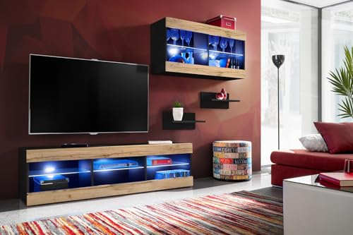 Komodee, Set, Möbel, Tivoli SET3, Schwarz/Wotan, Breite 240cm x Höhe 159cm x Tiefe 35cm, LED Blau, für Wohnzimmer, Schlafzimmer Komodee, Set, Möbel, Tivoli SET3, Schwarz/Wotan, Breite 240cm x Höhe 159cm x Tiefe 35cm, LED Blau, für Wohnzimmer, Schlafzimmer von Komodee