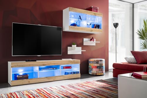 Komodee, Set, Möbel, Tivoli SET3, Weiß/Wotan, Breite 240cm x Höhe 159cm x Tiefe 35cm, LED Blau, für Wohnzimmer, Schlafzimmer Komodee, Set, Möbel, Tivoli SET3, Weiß/Wotan, Breite 240cm x Höhe 159cm x Tiefe 35cm, LED Blau, für Wohnzimmer, Schlafzimmer von Komodee