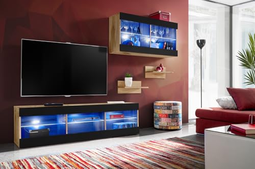 Komodee, Set, Möbel, Tivoli SET3, Wotan/Schwarz, Breite 240cm x Höhe 159cm x Tiefe 35cm, LED Blau, für Wohnzimmer, Schlafzimmer Komodee, Set, Möbel, Tivoli SET3, Wotan/Schwarz, Breite 240cm x Höhe 159cm x Tiefe 35cm, LED Blau, für Wohnzimmer, Schlafzimmer von Komodee