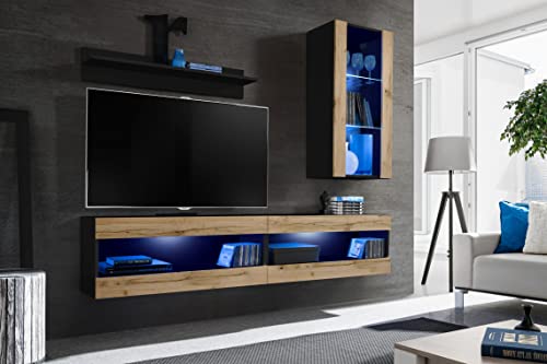 Komodee, Set, Möbel, Tivoli SET5, Schwarz/Wotan, Breite 200cm x Höhe 195cm x Tiefe 35cm, LED Blau, für Wohnzimmer, Schlafzimmer Komodee, Set, Möbel, Tivoli SET5, Schwarz/Wotan, Breite 200cm x Höhe 195cm x Tiefe 35cm, LED Blau, für Wohnzimmer, Schlafzimmer von Komodee