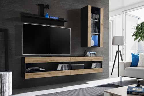 Komodee, Set, Möbel, Tivoli SET5, Schwarz/Wotan, Breite 200cm x Höhe 195cm x Tiefe 35cm, ohne LED, für Wohnzimmer, Schlafzimmer Komodee, Set, Möbel, Tivoli SET5, Schwarz/Wotan, Breite 200cm x Höhe 195cm x Tiefe 35cm, ohne LED, für Wohnzimmer, Schlafzimmer von Komodee