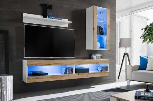 Komodee, Set, Möbel, Tivoli SET5, Weiß/Wotan, Breite 200cm x Höhe 195cm x Tiefe 35cm, LED Blau, für Wohnzimmer, Schlafzimmer Komodee, Set, Möbel, Tivoli SET5, Weiß/Wotan, Breite 200cm x Höhe 195cm x Tiefe 35cm, LED Blau, für Wohnzimmer, Schlafzimmer von Komodee