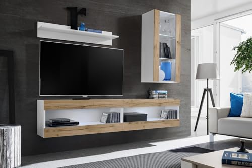 Komodee, Set, Möbel, Tivoli SET5, Weiß/Wotan, Breite 200cm x Höhe 195cm x Tiefe 35cm, ohne LED, für Wohnzimmer, Schlafzimmer von Komodee