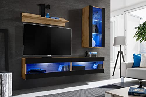 Komodee, Set, Möbel, Tivoli SET5, Wotan/Schwarz, Breite 200cm x Höhe 195cm x Tiefe 35cm, LED Blau, für Wohnzimmer, Schlafzimmer Komodee, Set, Möbel, Tivoli SET5, Wotan/Schwarz, Breite 200cm x Höhe 195cm x Tiefe 35cm, LED Blau, für Wohnzimmer, Schlafzimmer von Komodee