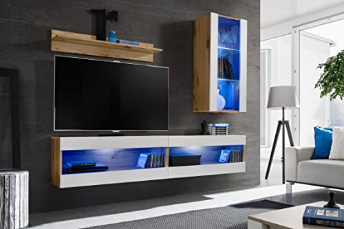 Komodee, Set, Möbel, Tivoli SET5, Wotan/Weiß, Breite 200cm x Höhe 195cm x Tiefe 35cm, LED Blau, für Wohnzimmer, Schlafzimmer Komodee, Set, Möbel, Tivoli SET5, Wotan/Weiß, Breite 200cm x Höhe 195cm x Tiefe 35cm, LED Blau, für Wohnzimmer, Schlafzimmer von Komodee