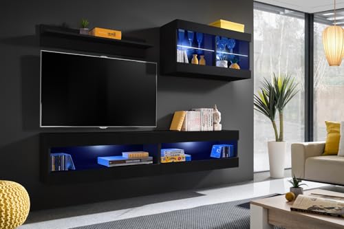 Komodee, Set, Möbel, Tivoli SET6, Schwarz/Schwarz, Breite 200cm x Höhe 195cm x Tiefe 35cm, LED Blau, für Wohnzimmer, Schlafzimmer Komodee, Set, Möbel, Tivoli SET6, Schwarz/Schwarz, Breite 200cm x Höhe 195cm x Tiefe 35cm, LED Blau, für Wohnzimmer, Schlafzimmer von Komodee