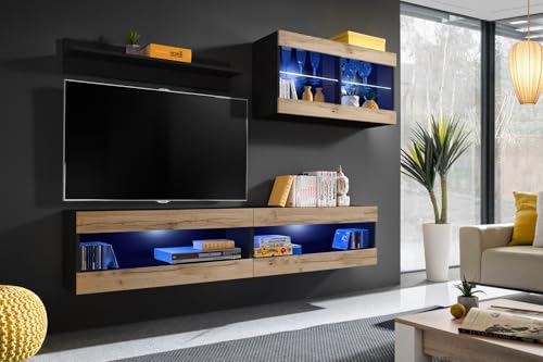 Komodee, Set, Möbel, Tivoli SET6, Schwarz/Wotan, Breite 200cm x Höhe 195cm x Tiefe 35cm, LED Blau, für Wohnzimmer, Schlafzimmer Komodee, Set, Möbel, Tivoli SET6, Schwarz/Wotan, Breite 200cm x Höhe 195cm x Tiefe 35cm, LED Blau, für Wohnzimmer, Schlafzimmer von Komodee