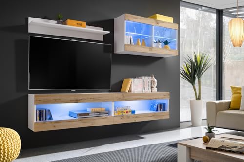 Komodee, Set, Möbel, Tivoli SET6, Weiß/Wotan, Breite 200cm x Höhe 195cm x Tiefe 35cm, LED Blau, für Wohnzimmer, Schlafzimmer Komodee, Set, Möbel, Tivoli SET6, Weiß/Wotan, Breite 200cm x Höhe 195cm x Tiefe 35cm, LED Blau, für Wohnzimmer, Schlafzimmer von Komodee