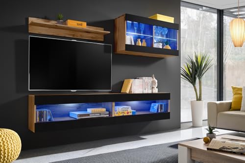 Komodee, Set, Möbel, Tivoli SET6, Wotan/Schwarz, Breite 200cm x Höhe 195cm x Tiefe 35cm, LED Blau, für Wohnzimmer, Schlafzimmer Komodee, Set, Möbel, Tivoli SET6, Wotan/Schwarz, Breite 200cm x Höhe 195cm x Tiefe 35cm, LED Blau, für Wohnzimmer, Schlafzimmer von Komodee