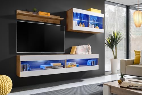 Komodee, Set, Möbel, Tivoli SET6, Wotan/Weiß, Breite 200cm x Höhe 195cm x Tiefe 35cm, LED Blau, für Wohnzimmer, Schlafzimmer Komodee, Set, Möbel, Tivoli SET6, Wotan/Weiß, Breite 200cm x Höhe 195cm x Tiefe 35cm, LED Blau, für Wohnzimmer, Schlafzimmer von Komodee