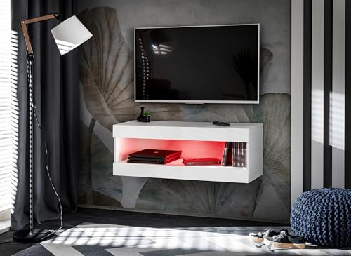 Komodee, TV-Schränk, Tivoli RTV2, Weiß/Weiß, Breite 100cm x Höhe 36cm x Tiefe 35cm, LED RGB, für das Wohnzimmer, Schlafzimmer von Komodee