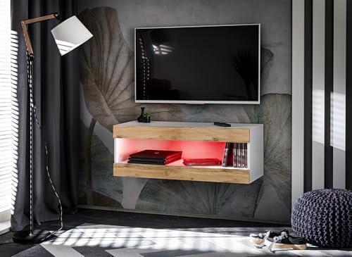 Komodee, TV-Schränk, Tivoli RTV2, Weiß/Wotan, Breite 100cm x Höhe 36cm x Tiefe 35cm, LED RGB, für das Wohnzimmer, Schlafzimmer von Komodee